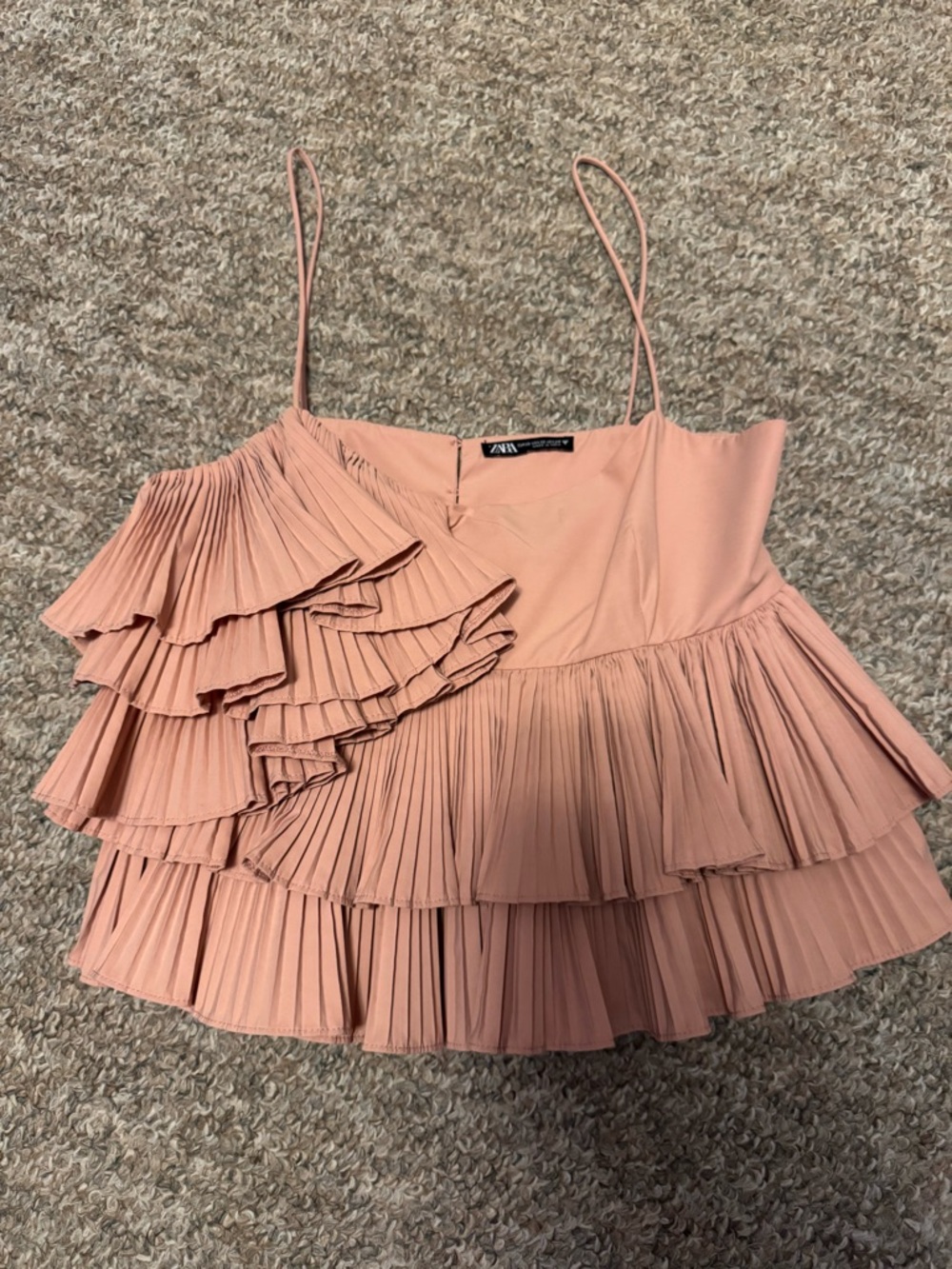 Zara blush Tiered Ruffle Pleated Spaghetti Strap Top